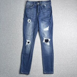 Indigo Rein Jeans Women Juniors Size 7 28x27 Ankle Skinny Distressed Med Blue